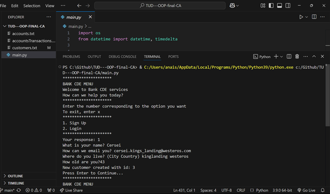 Screenshot of terminal signing up
